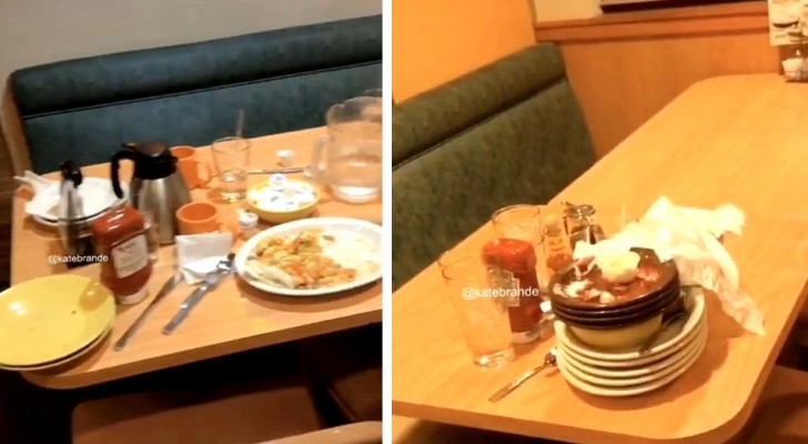 Como adultos e adolescentes deixam o restaurante: as imagens no vídeo de uma garçonete