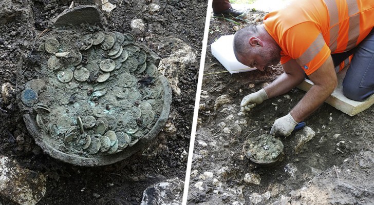 Han är ute med sin metalldetektor och finner en antik vas med nästan 1.300 romerska mynt