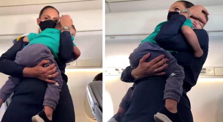A kind stewardess steps in to calm the son of a passenger who was having a tantrum