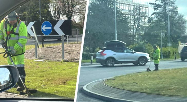 Man sees a worker mowing the lawn at a roundabout and cannot believe his eyes: "It was synthetic grass"