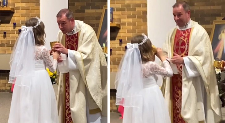 Siebenjähriges Mädchen trinkt bei seiner ersten Kommunion zu viel aus dem Kelch und der Priester versucht, es aufzuhalten (+ VIDEO)