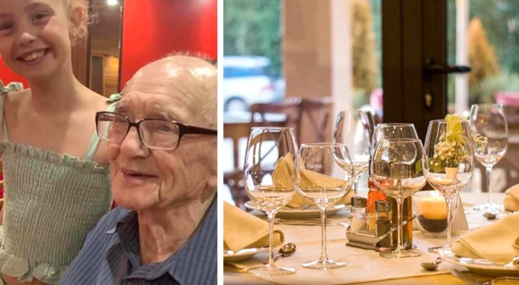 Ze gaan uit eten met hun kleinkinderen, zien een 90-jarige alleen en nodigen hem uit om met hen te eten