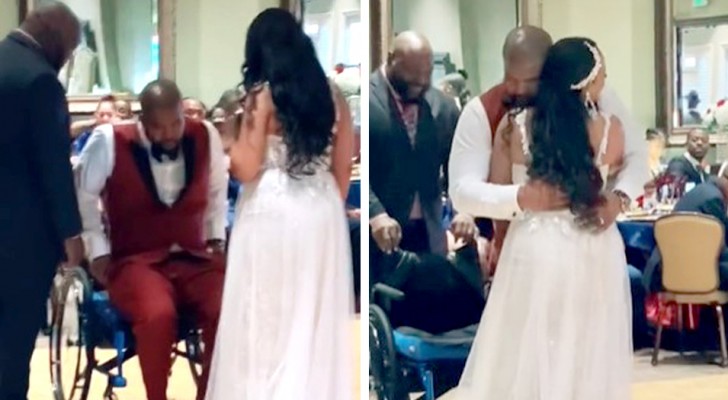 Obligado a estar en silla de ruedas, el novio se esfuerza para bailar con su esposa: 