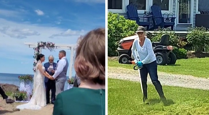 Ze trouwen in de tuin en de buurvrouw gaat het gras maaien tijdens de ceremonie