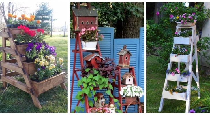 11 adorabili spunti per arredare il giardino con le scale di legno riciclate in modo creativo