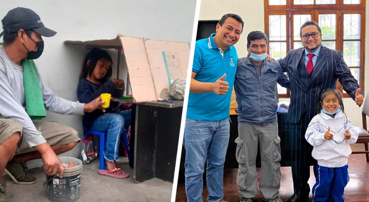 Child studies in the street at a cardboard desk while her father cleans passing cars: she gets a scholarship