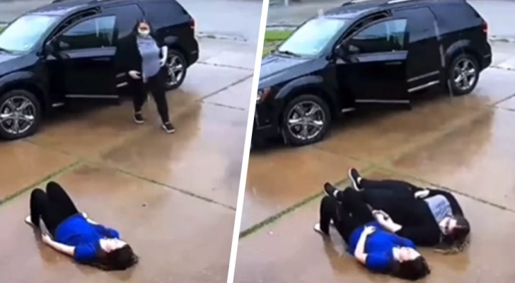Mother comes home and sees her daughter having a panic attack on the ground in the rain: she lies down with her