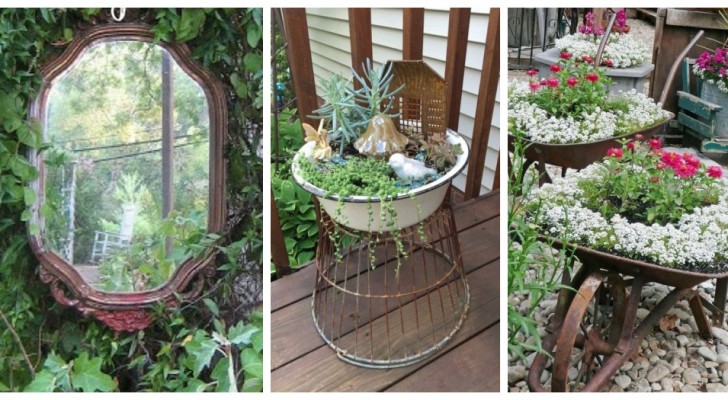 11 exemples de recyclage pour donner une touche vintage au jardin en le décorant avec de vieux objets