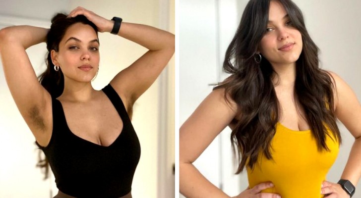 Young woman does not shave her armpits and does not use deodorant: 