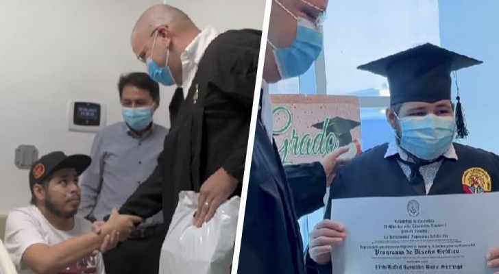 Hij kan de diploma-uitreiking niet bijwonen omdat hij kanker heeft: de rector brengt hem het certificaat in het ziekenhuis