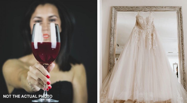 Ze kiest de trouwjurk van haar moeder voor haar bruiloft, maar het bruidsmeisje laat er wijn over vallen