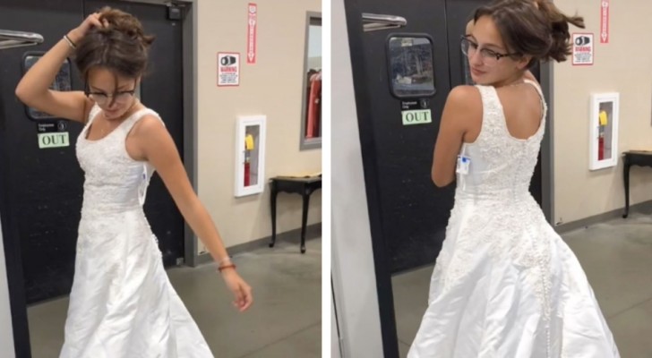 Ze gaat naar een tweedehands kledingwinkel en vindt de perfecte trouwjurk: ze koopt hem voor slechts €25