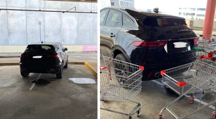 Iemand parkeert op twee plaatsen tegelijk: hij vindt zijn auto omringd door een reeks winkelwagens
