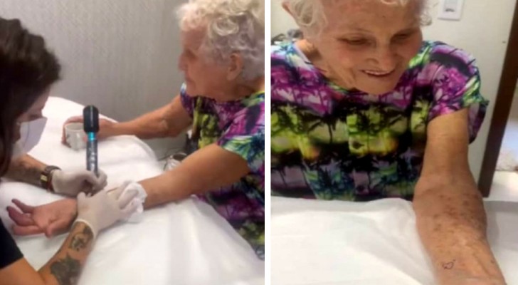Ett barnbarn följer med sin 88-åriga farmor för att göra sin första tatuering: 
