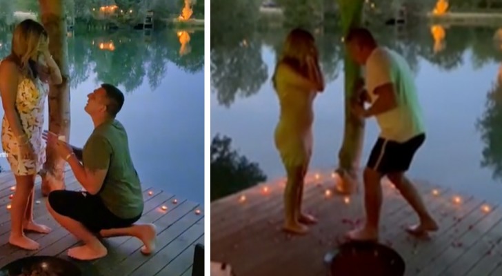 Le hace una romántica propuesta de matrimonio en un muelle junto al lago, pero el anillo termina en el agua