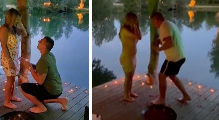 Il fait sa proposition de mariage romantique sur la jetée d'un lac, mais la bague finit dans l'eau