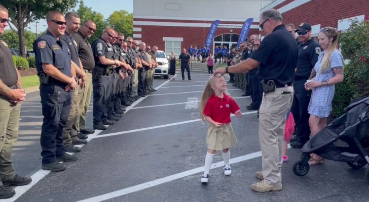 Little girl is surprised by her departed father's colleagues: they escort her to her first day of kindergarten (+ VIDEO)