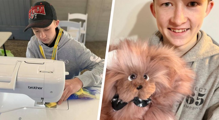 Hij leert op 9-jarige leeftijd naaien om teddyberen te maken om aan kinderen in het ziekenhuis te geven