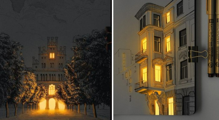 20 creaties van de kunstenaar die ontworpen gebouwen weet te verlichten waardoor ze echt en bewoond lijken