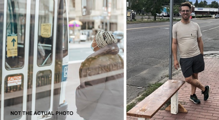 Hij ziet een vrouw gedwongen op de grond zitten bij de bushalte: hij maakt een bankje voor haar