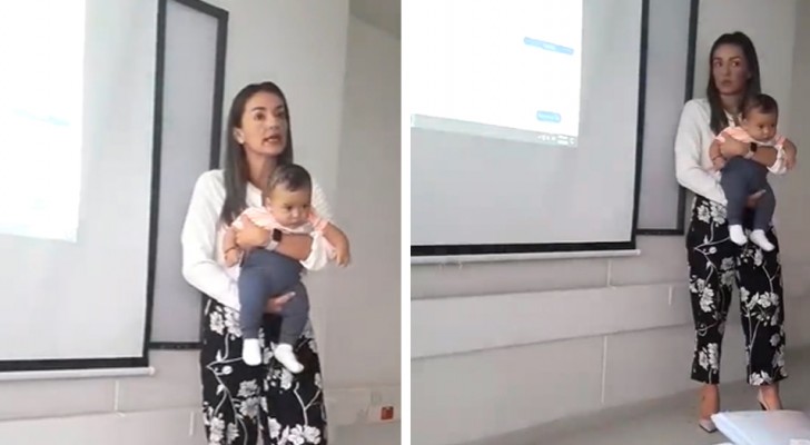 En lärare håller sin elevs lilla dotter i famnen för att hon ska kunna följa med på lektionen (+VIDEO)