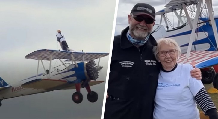 93-year-old straps herself to the wing of an airplane for an unprecedented feat: "I did it for charity"