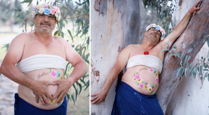 En man poserar på bilder i en parodi av en graviditet genom att visa upp sin 