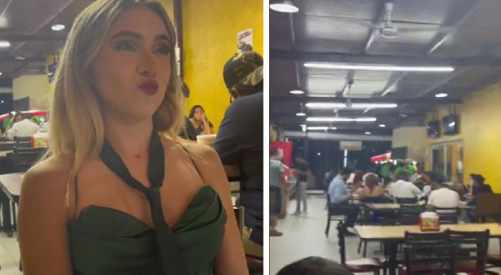 Ze draagt ​​een elegante jurk om hun eerste jubileum te vieren: haar vriend neemt haar mee naar een fastfood