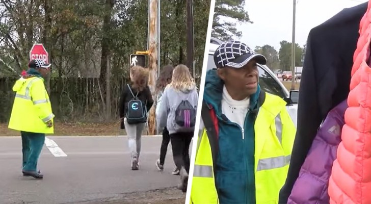 Cette femme aide les enfants à traverser devant l'école et offre des manteaux aux élèves qui n'en ont pas