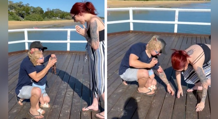 Le hace la propuesta de matrimonio con la ayuda de su hija, pero el anillo se cae al agua
