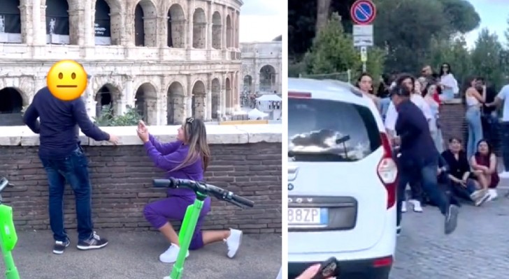 Hon går ned på knä framför sin pojkvän utanför Colosseum och ber honom gifta sig med henne, men han rusar därifrån (+VIDEO)
