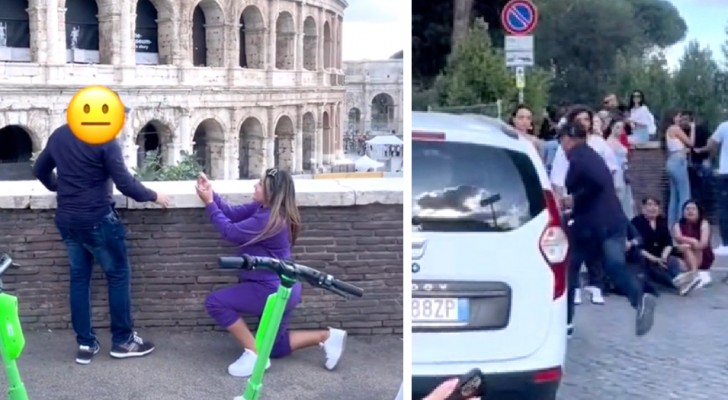 Si inginocchia davanti al Colosseo per chiedere al compagno di sposarla: lui scappa a gambe levate (+VIDEO)