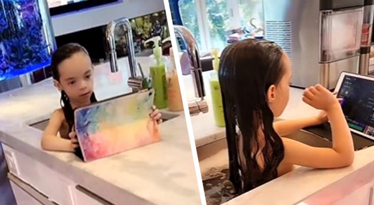 Hon badar sin 6-åriga dotter i kökshandfatet - scenen som fått webben att diskutera