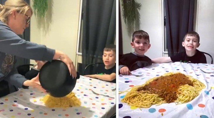 Mom doesn't use plates, but serves dinner on the table: "the experiment worked and they liked it"