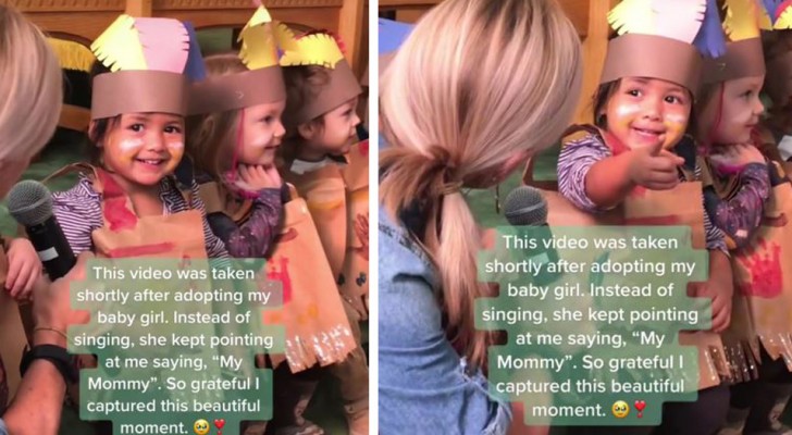 Newly adopted child spots her mother during a school play and cannot hold back her joy