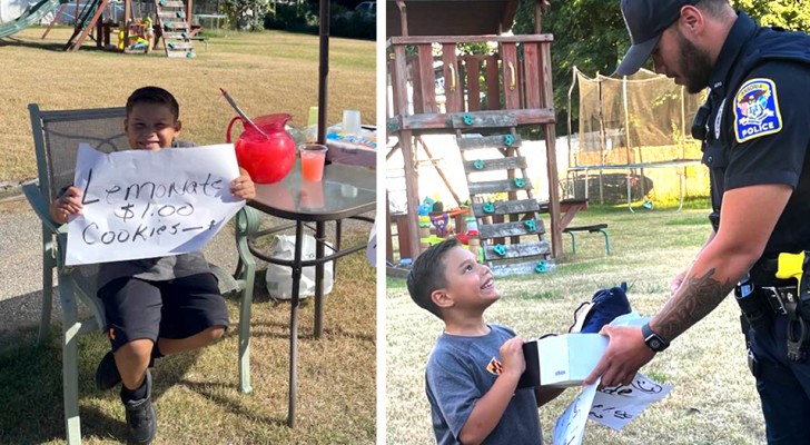 Young boy sells lemonade and snacks to buy new shoes: policeman helps him by giving him a pair