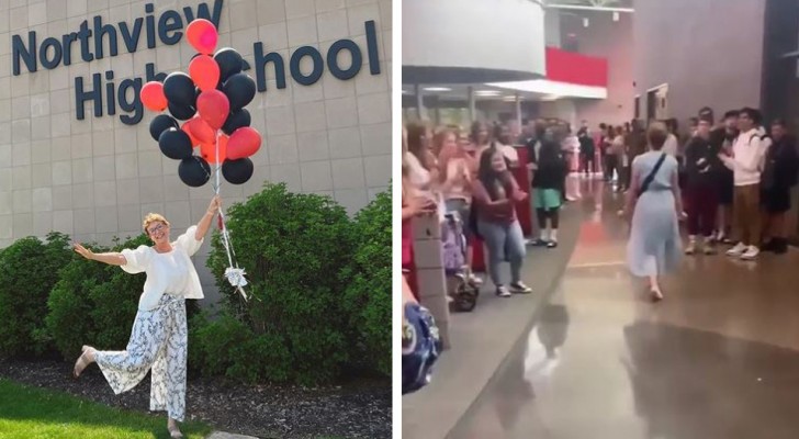 Profesora se jubila después de 50 años: toda la escuela sale a saludarla