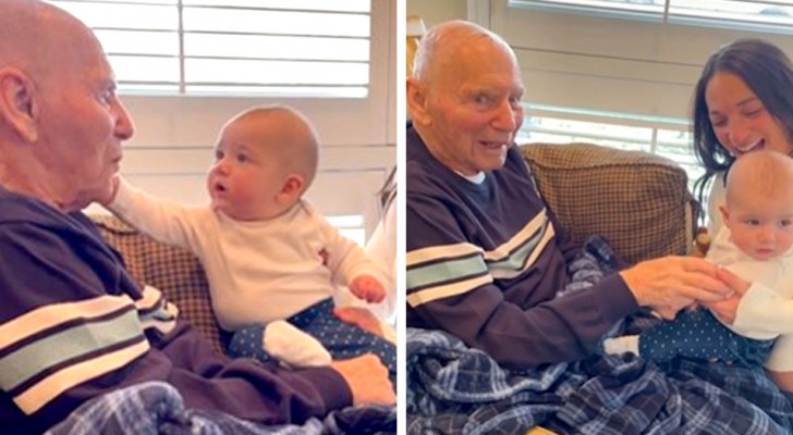 En 94-årig gammelfarfar får träffa sitt barnbarnsbarn för första gången och börjar prata efter att inte ha sagt ett enda ord på flera månade