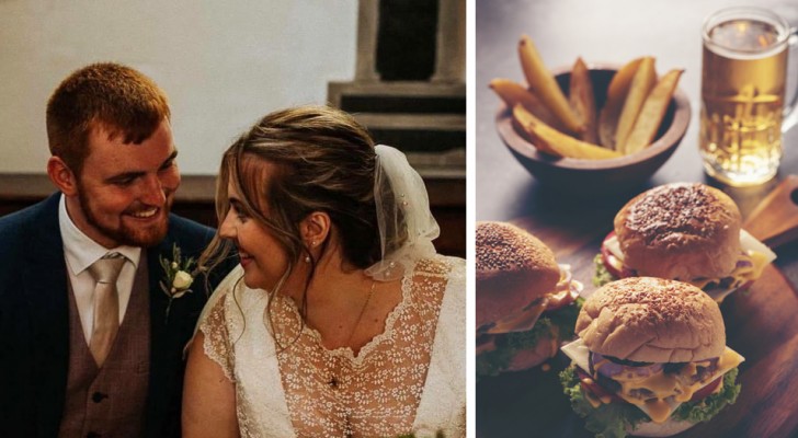Bruidspaar bespaart geld op het diner door een ongebruikelijk menu te kiezen: hamburgers en bier