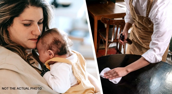 Waitress takes a customer's baby in her arms to allow the mother to eat comfortably