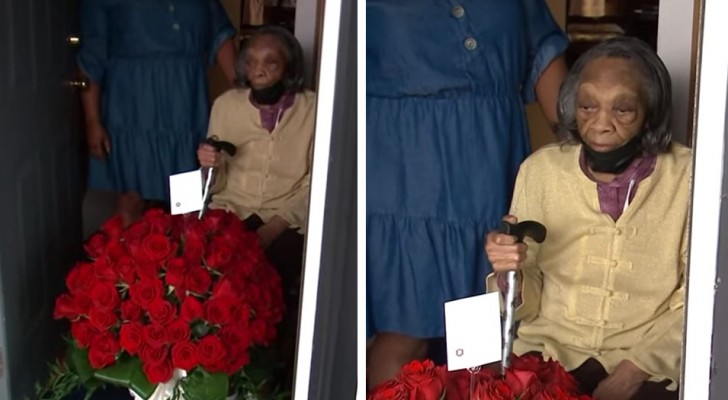 Woman turns 107: to celebrate, her friends give her a bouquet with 107 roses