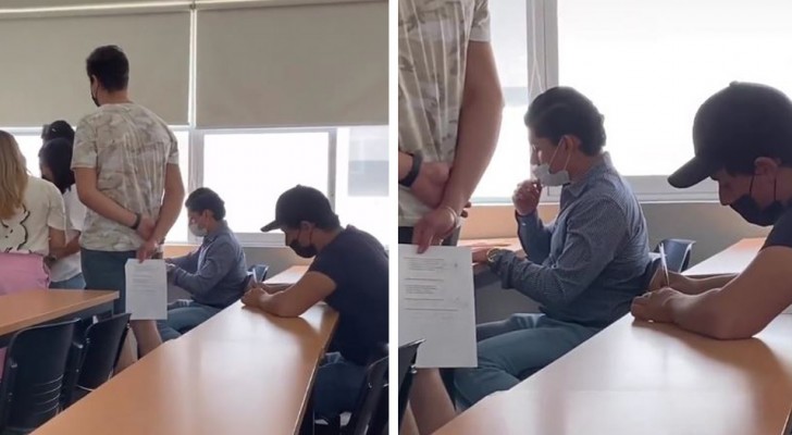Hij laat zijn klasgenoot zijn examen kopiëren terwijl hij in de rij staat om het in te leveren