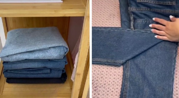il metodo salvaspazio per ripiegare i jeans e riporli in ordine nell'armadio o nel cassetto