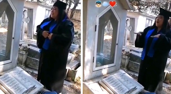 Elle partage la joie d'avoir obtenu son diplôme sur la tombe de son père : 