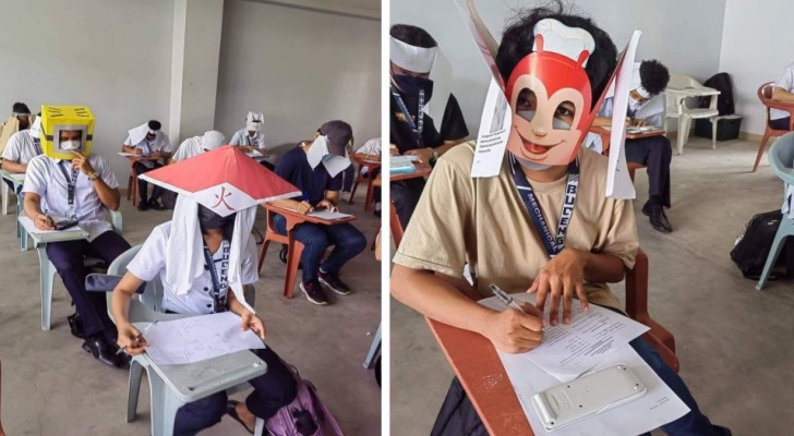 Läraren låter eleverna bära "anikopieringshattar" under proven