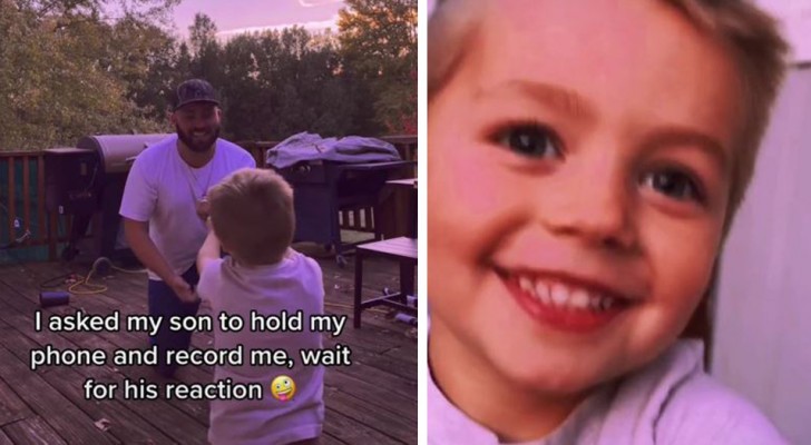 Small child thinks he is filming his dad, but the camera captures his beautiful expressions of joy