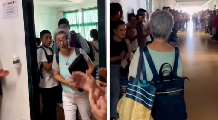 Eleverna står i kö för att ta farväl av sin lärare på hennes sista arbetsdag: 
