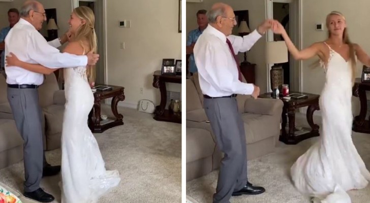 Opa kan niet naar de bruiloft van zijn kleindochter: ze legt 1200 km af om als bruid gekleed met hem te dansen (+VIDEO)