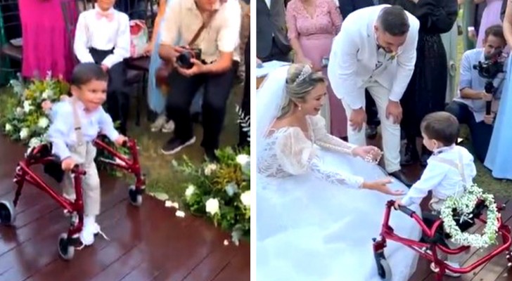 Young son with cerebral palsy brings the wedding rings up to his parents: a tender moment that touched everyone