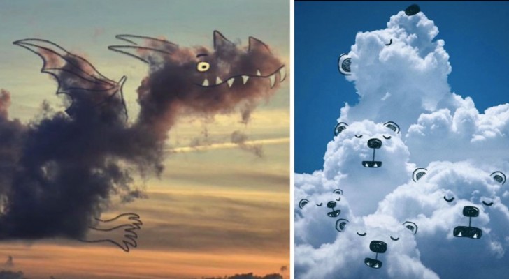 Deze kunstenaar fotografeert wolken en transformeert ze in schattige stripfiguren